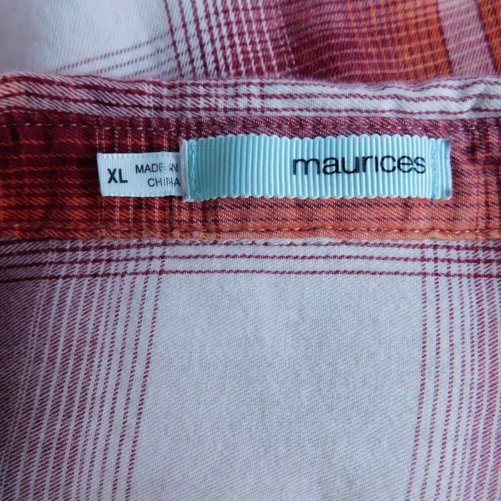 Maurices Shirt XL Plaid Brushed Cotton Pearl Snap Red Orange White Long Sleeve - Picture 5 of 16